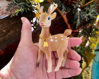 Vintage Reindeer Deer Christmas Ornament w/Bell Swivel Head 1970 Plastic Deer Reindeer MCM Retro Kitsch Reindeer Deer Hong Kong NOS