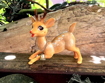 Vintage Blue Spotted Reindeer Deer Christmas Ornament w/Bell Swivel Head MCM 1960 1970 Plastic Prancing Deer 5 3/4” Retro Kitsch Decor