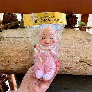 Vintage 1960 1970 roze Pixie Knee Hugger Ornament Mod Doek Gezicht Pixie Candle Japan Retro Kitsch Valentijn Pasen Decor NIOP