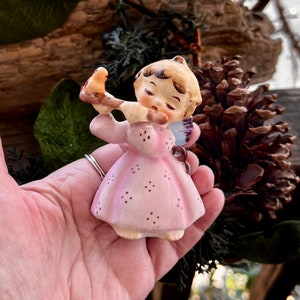 Vintage 1950 LEFTON Pink Angel Christmas Figurine Angel Flute Bird MCM Ceramic Angel Pink Japan Valentine Easter Retro Kitsch Decor