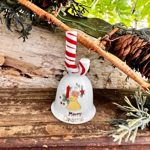 Vintage Candy Cane Angel Christmas Bell MCM 1940 1950 Ceramic Angel “Merry Christmas” Bell Japan Napco? Retro Kitsch Candy Cane Angel Decor