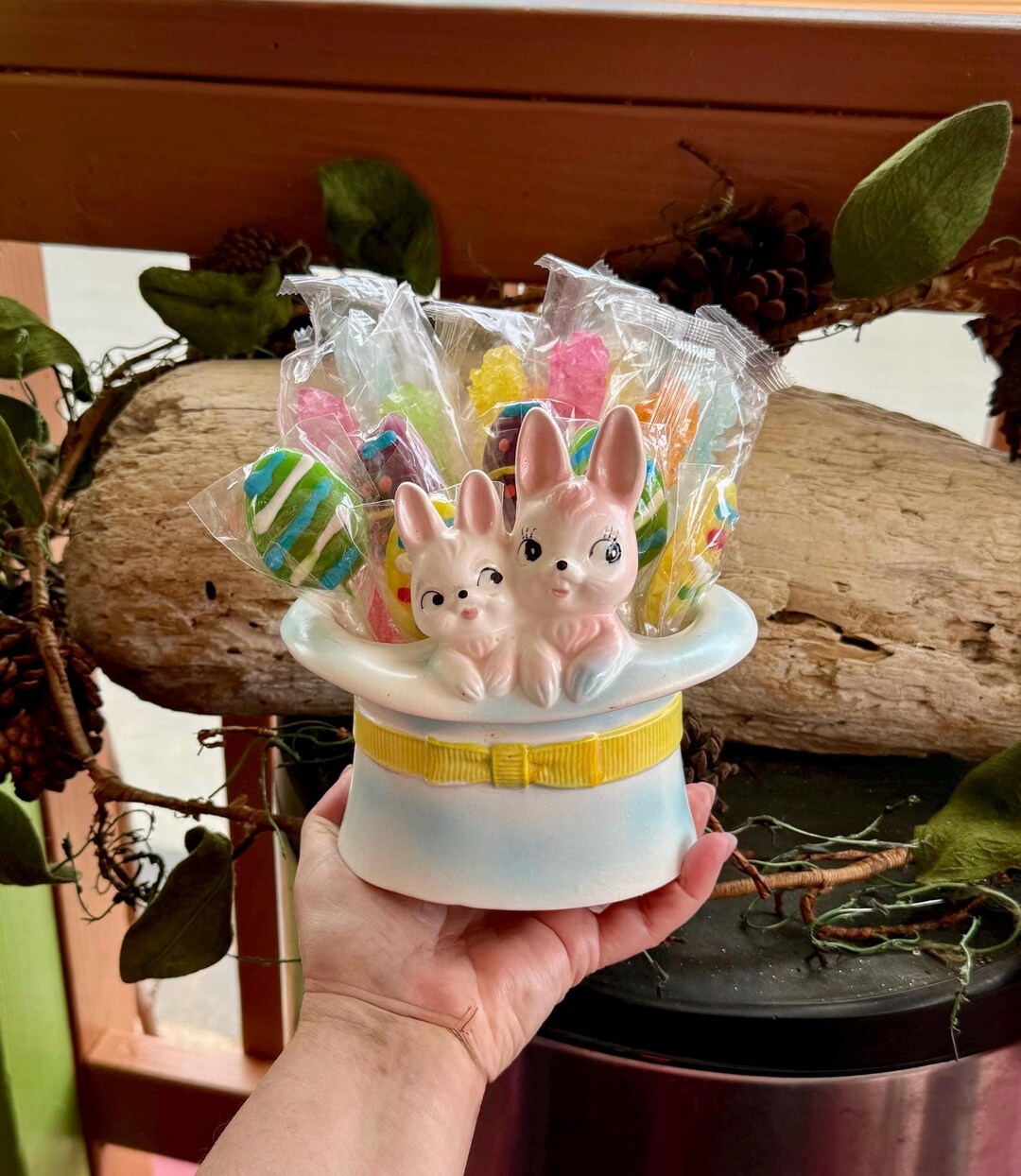 Vintage Pink Mama Baby Bunny Hat Planter MCM 1950 1960 Anthropomorphic ...