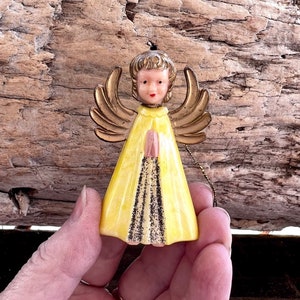 Vintage West Germany Praying Angel Christmas Ornament 1940 1950 Yellow Angel Plastic Ornament Feather Tree Spring Easter Decor