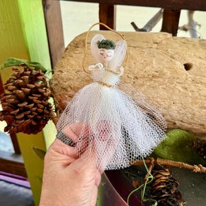 Vintage Christmas Spun Cotton Angel Ornament MCM 1950 1960 Angel White Mesh Tulle Angel Handmade Retro Kitsch Valentine Easter Decor