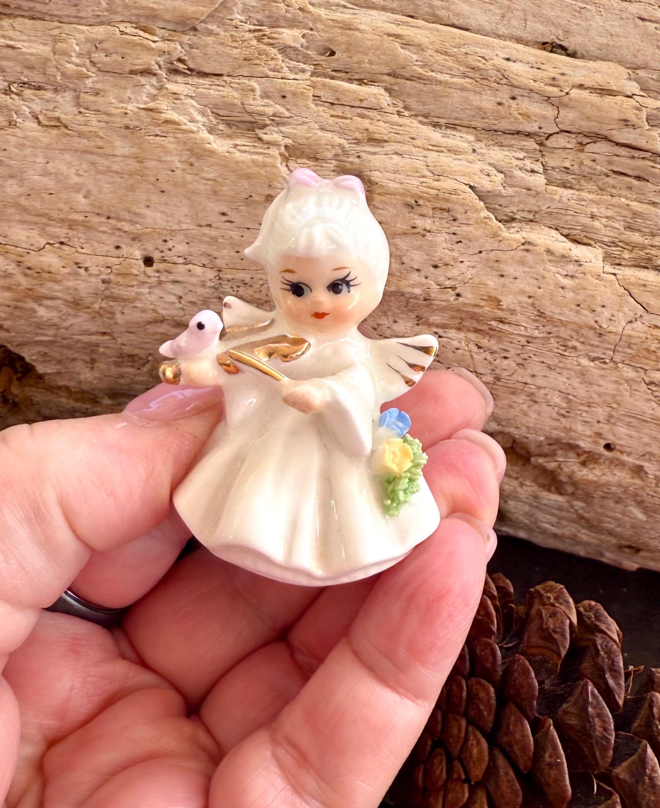 【極美品】50s Napco 8月誕生月天使 陶器人形 シール付 Vintage Napco Angel Bird Figurine Napcoware Floral Pink Bird