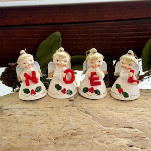 Vintage Lefton NOEL Angel Christmas Bells Ornament Retro MCM 1950 1956 Noel Holly Berry Girl Angel Bell Ceramic Noel Angel Bell Set 4 IOB