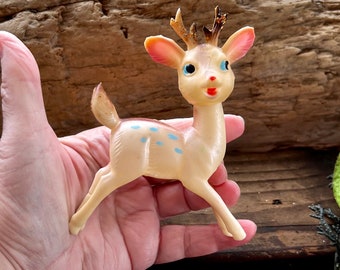 Vintage Blue Reindeer Deer Christmas Ornament Swivel Head MCM 1960 1970 Plastic Rubber Deer Reindeer Retro Kitsch Blue Spotted RARE