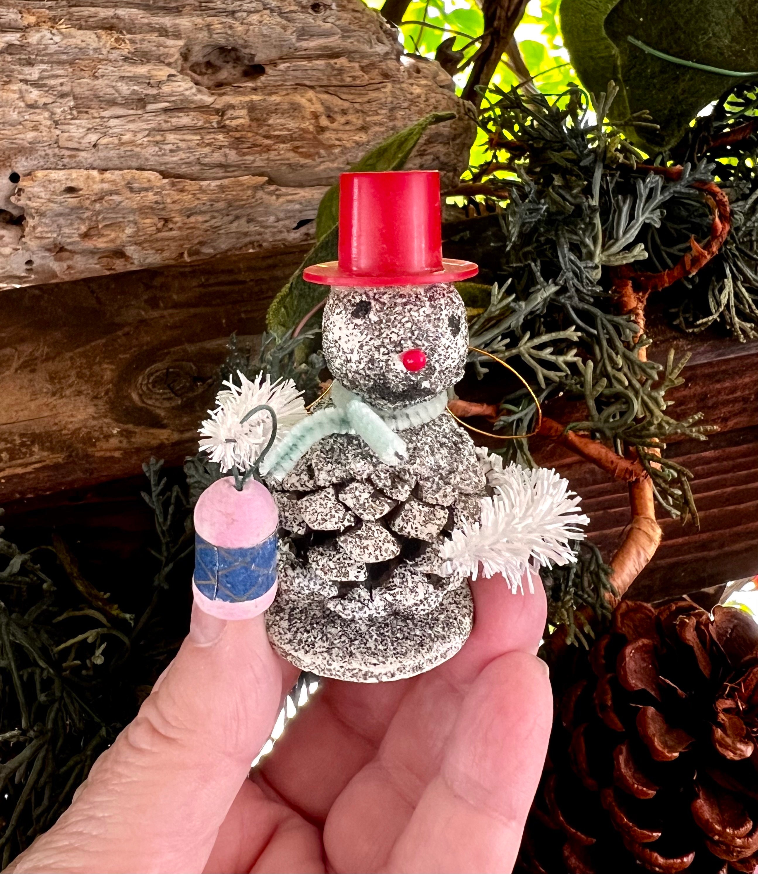 Vintage Mica Snowman Pinecone Christmas Ornament MCM 1950 1960