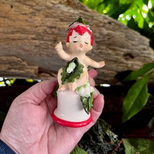 Vintage LEFTON Pixie Christmas Bell 1950 MCM Retro Kitsch Pixie Elf Cherub Christmas Bell Ceramic Holly Berry Bell Ceramic Japan 4 1/2”