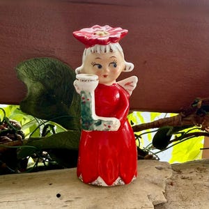 eBay Vintage Poinsétia Comodoro Anjo Substituição Carta NOEL Cerâmica Anjo Castiçal Castiçal “L” SUBSTITUIÇÃO Anjo Castiçal
