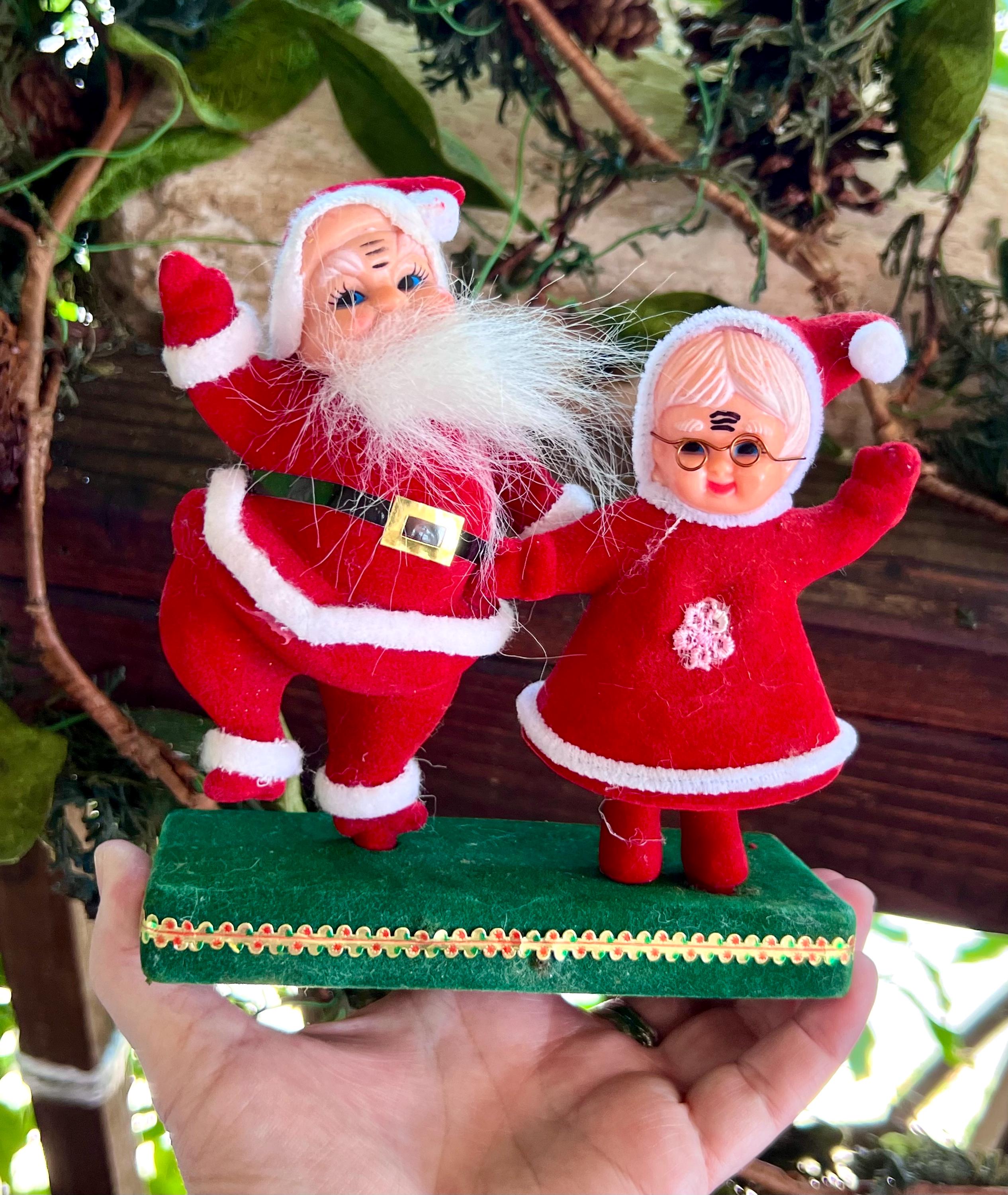 Vintage Christmas Dancing Santa Flocked Claus & Mrs Claus Ornament