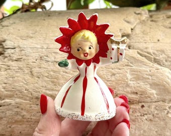 Vintage HOLT HOWARD Poinsettia Candy Cane Girl Christmas Bell Ornament 1950 1957 MCM Polka Dot Gift Japan Ceramic Retro Kitsch Decor