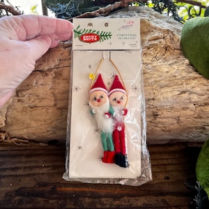 Adorno navideño vintage brillante de Papá Noel, MCM 1950-1960, fieltro, cara de elfo, duende, gnomo, columpio de Papá Noel, estilo retro kitsch japonés, NIOP, juego de 2