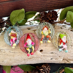 Vintage SHINY BRITE  Mesh Gnome Christmas Ornament MCM 1950 1960 Elf Pixie Pinecone Foil Tinsel Christmas Retro Kitsch Set 4
