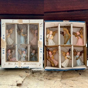 Vintage Angel Musical Christmas Ornament British Hong Kong 1960 1970 Retro Orig Box Mini 2” Set 6 Valentine Easter Decor