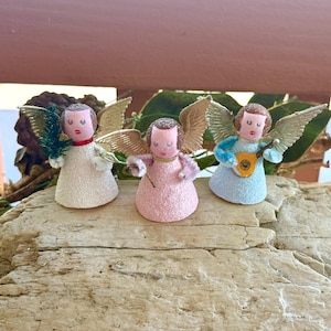 Vintage West Germany Mica Angel Christmas Ornament 1940 1950 Pink Blue White Western Germany Retro Kitsch Valentine Easter Decor Set 3 A