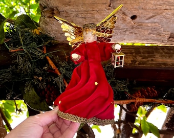 Vintage Angel Topper Angel Christmas Tree Topper 1960 1970 Western Germany Koestel Wax Topper West Germany Angel Red Velvet Topper