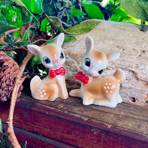Vintage 1950 Anthropomorphic Deer Christmas Figurine MCM Ceramic Red Bow Deer Fawn Ornament Japan Retro Kitsch Easter Decor Set 2