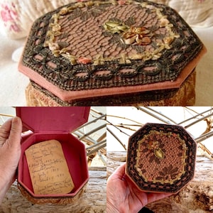 Antique 1910 French Metallic Lace Powder Box Silk Ribbon Rosette Trim Flowers Textile Handkerchief Jewelry Bride Bridal Mothers Day Gift