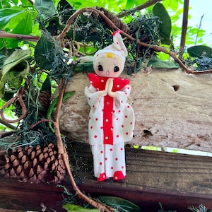 Vintage Polka Dot Pixie Christmas Ornament 1960 1970 9 1/2” Cloth Face Pixie Felt Posable Doll Japan Retro Kitsch Valentine Decor