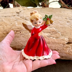 Vintage NAPCO Angel Christmas Figurine 1950 Mid Century Retro Kitsch Ceramic Christmas Angel Girl Figurine Victorian Angel Gold Bells Japan