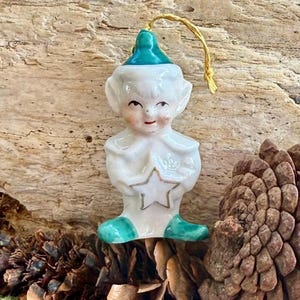 Vintage Elf Pixie Christmas Bell Ornament Retro Kitsch Elf Pixie Bell 1950 YULETIDE NOVELTY Japan MCM Ceramic Pixie  St Patrick’s Day Decor