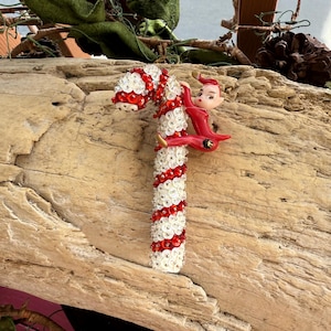 Vintage Candy Cane Elf Christmas Ornament MCM 1960 1970 Sequin Candy Cane Handmade Push Pin Pixie Candy Cane Retro Kitsch Holiday Decor