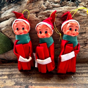 Vintage Knee Hugger Christmas Ornament Elf Elves Pixie 1950 1960 Plastic Red Felt Elf Pixie Japan MCM Retro Kitsch Decor Set 3