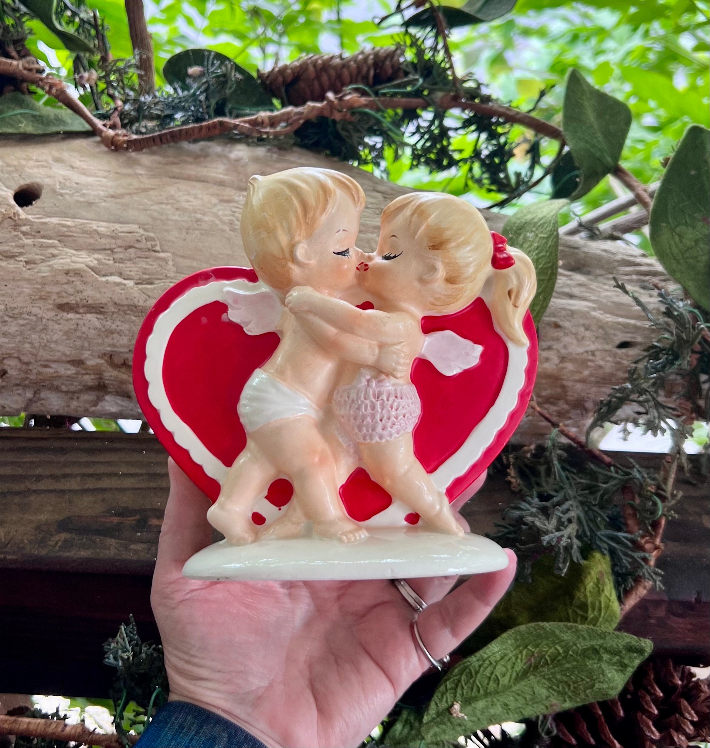 Vintage LEFTON Kissing Angels Heart Planter MCM 1950 Valentine Boy