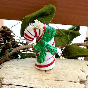 Vintage MCM Candy Cane Christmas Bell Ornament 1940 1950 Candy Cane Holly Berry Bow Ribbon Bell Retro Kitsch Ceramic Bell Japan 2 3/4”