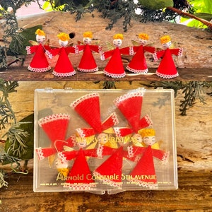Vintage Spun Cotton Angel Christmas Ornament MCM 1950 1960 Red Angel Dresden Wings Retro Kitsch Decor Valentine’s Day Set 6 MINT NIOB