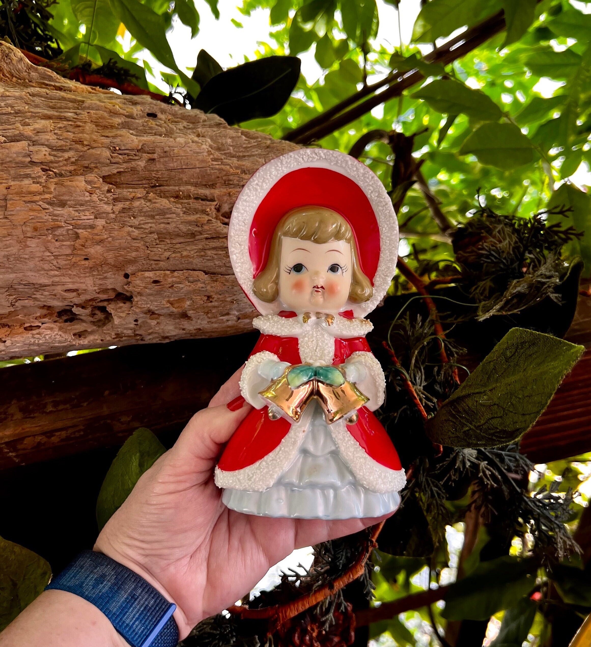 Vintage Christmas Victorian Girl Figurine 1950 MCM 7” Ceramic Spaghetti Trim Girl Figure Bell Japan Thames Enesco Retro Kitsch Decor