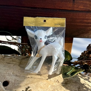Vintage Christmas Reindeer Ornament Bell Blue Eyed White Glitter 1960 1970 Plastic Iridescent Deer Reindeer MCM Retro Kitsch Decor