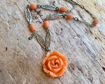 Vintage Rose Floral Necklace 1920 1930 Flower Necklace Coral Celluloid Necklace Retro Bride Bridal Wedding Spring Easter Gift Her