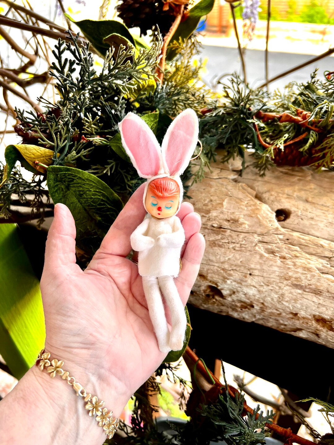 Vintage Knee Hugger Bunny Elf Pixie Plastic Christmas Ornament 1950