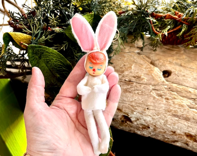 Vintage Knee Hugger Bunny Elf Pixie Plastic Christmas Ornament 1950