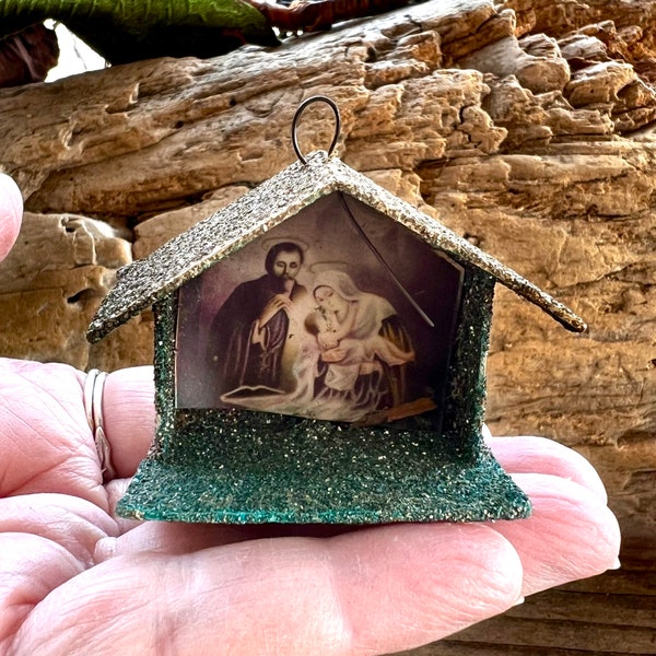 Vintage Jesus Mary Joseph Putz House Christmas Ornament 1940 1950 MCM Mica Glitter Nativity Diorama Ornament Japan Spring Easter Decor