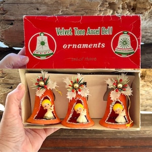 Vintage COMMODORE Angel Christmas Ornament Diorama Flocked Angel Bell Ornament 1950 1960 Retro Kitsch MCM Flocked Angel Ornament Set 3 IOB