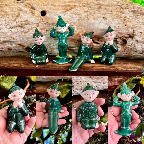 Vintage Elf Elves Pixie Christmas Figurines 1950 Commodore Napco  Kreiss Japan Retro Pixie Elf Children MCM Kitsch Decor Set 4