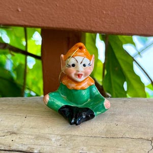 Vintage Ceramic Elf Pixie Christmas Ornament 1940 1950 Irish Dresden Retro Kitsch Decor RARE
