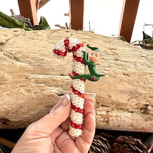 Vintage Candy Cane Elf Christmas Ornament MCM 1960 1970 Sequin Candy Cane Handmade Push Pin Pixie Candy Cane Retro Kitsch Holiday Decor