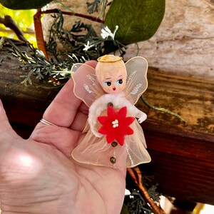 Vintage Tulle Poinsettia Angel Christmas Ornament MCM 1950 1960 Paper Mache Composite Angel Feather Tree Angel Retro Kitsch Decor
