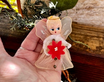 Vintage Poinsettia Angel Christmas Ornament MCM Paper Mache Composite Angel 1950 Pink Tulle Angel Retro Kitsch Valentine’s Day Decor