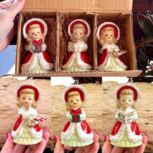 Vintage 1950 LEFTON Angel Christmas Bell MCM Angel Candle Tree Present Ceramic Spaghetti Trim Girl Japan Retro Kitsch Holiday Decor Set 3