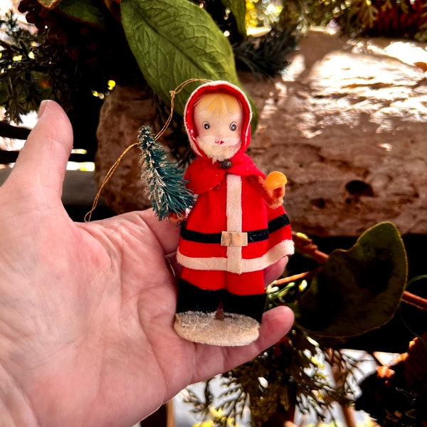 Vintage Santa Christmas Ornament 1940 1950 Felt Felted Chenille Pipe Cleaner Santa MCM Paper Mache Santa Face Composite Bottlebrush Tree