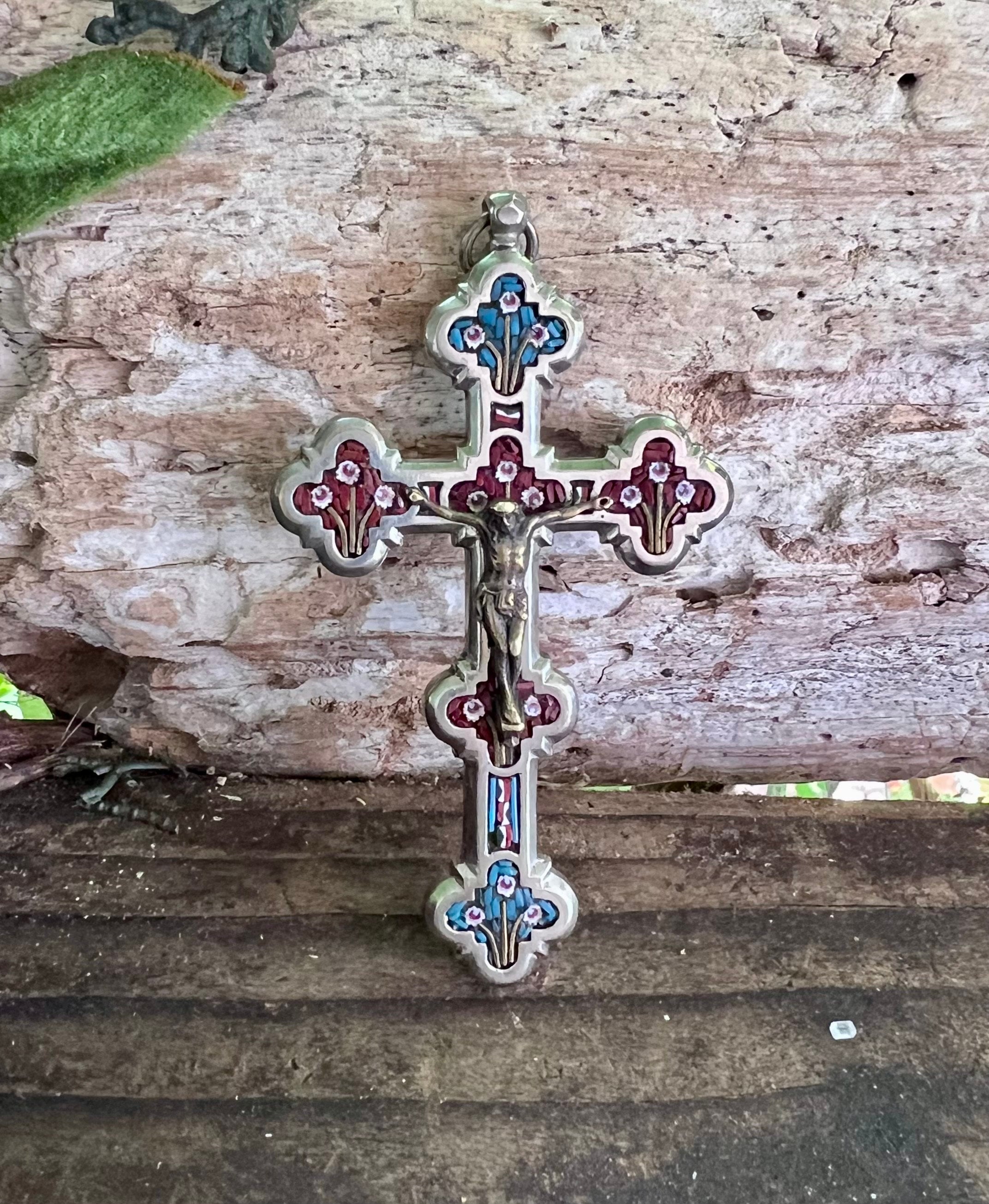 Antique Victorian Micro Mosaic Cross Pendant 1880 1900 3 1/4