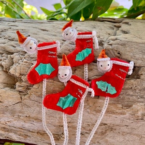 Vintage 1950 1960 Spun Cotton Santa Stocking Christmas Ornament MCM Retro Santa Stocking Japan Pipe Elf  Pixie Cleaner Package Tie Ons Set 4