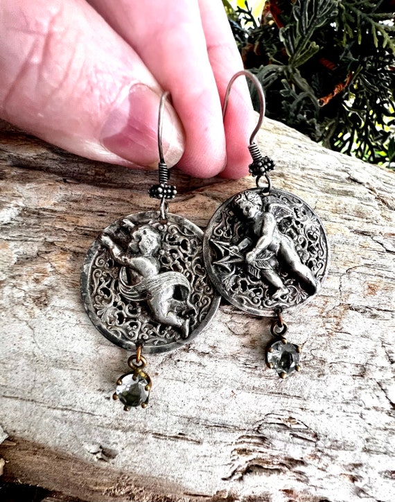 Antique Sterling Silver Cherub Angel Earrings Fre… - image 5