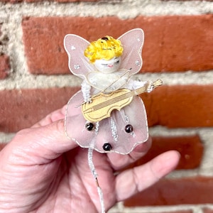 Vintage Pink Christmas Tulle Angel Ornament MCM 1950 1960 Spun Cotton Angel Package Tie On Violin Retro Kitsch Valentine Easter Decor