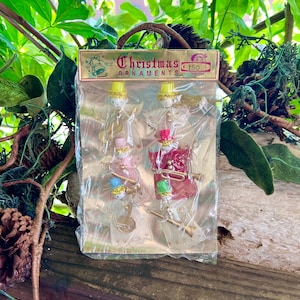 Vintage 1950 1960 Spun Cotton Band Christmas Ornament MCM Tulle Musician Package Tie On Feather Tree Japan Retro Kitsch Set 6 NIOP